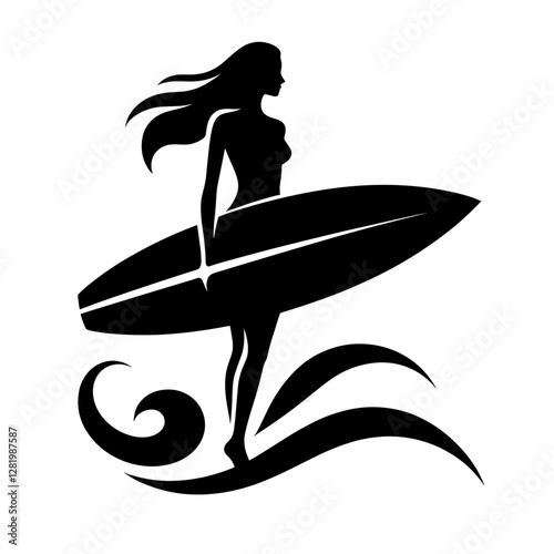 Surfer silhouette standing with surfboard