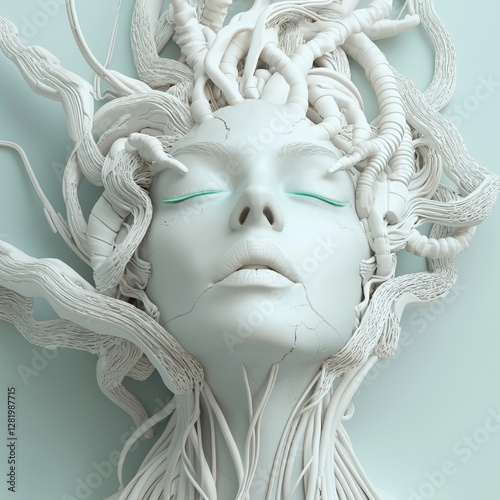 A robotic science fiction female with a hardwired connection to a computer core is depicted in a 3D illustration titled Mind of the Machine photo