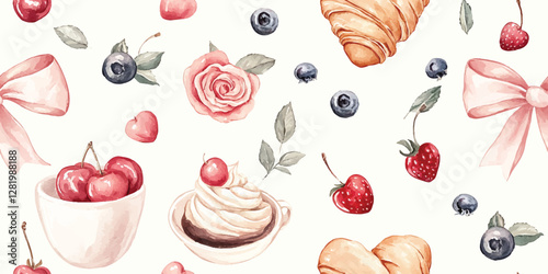 Seamless vector pattern with watercolor sweets, coffee, croissants, roses, hearts, and bows. Romantic vintage French-style design, for textiles, packaging, wallpapers, invitations, and branding