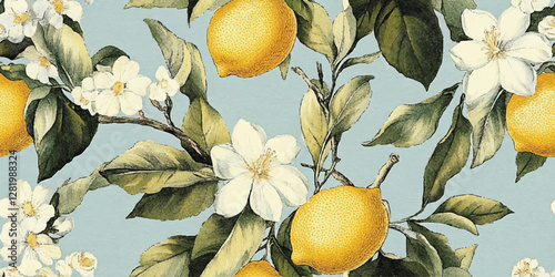 Lemon fruits tropical summer Vintage seamless vector pattern with watercolor style illustration