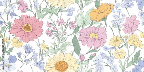 Wallpaper Mural Abstract pastel flower seamless pattern with dotted line style. flower and leaves on white background Torontodigital.ca