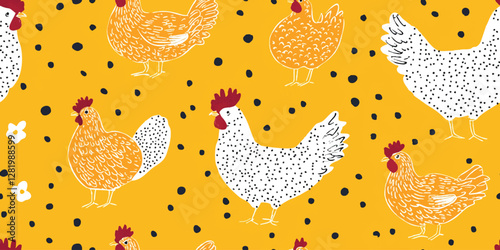 Chicken hand drawn clipart, seamless pattern with chicken birds, cottage core country life style repeating vector yellow background