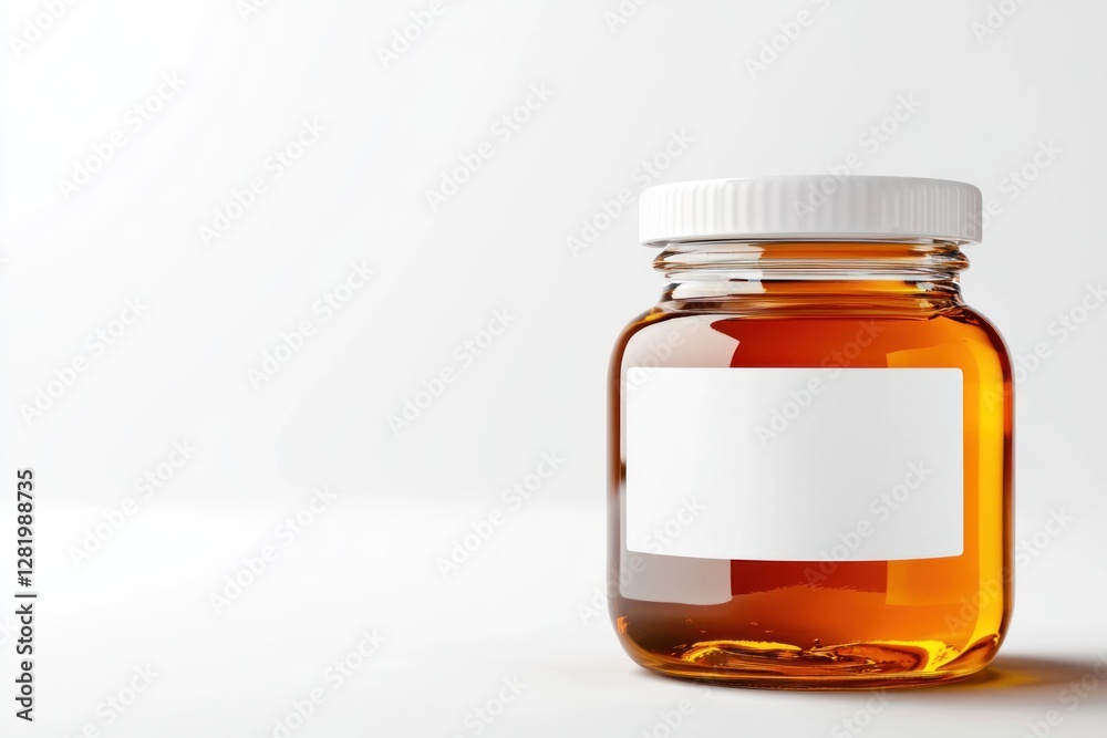 Amber liquid in clear glass jar with blank label. Amber liquid in clear glass jar with blank label.