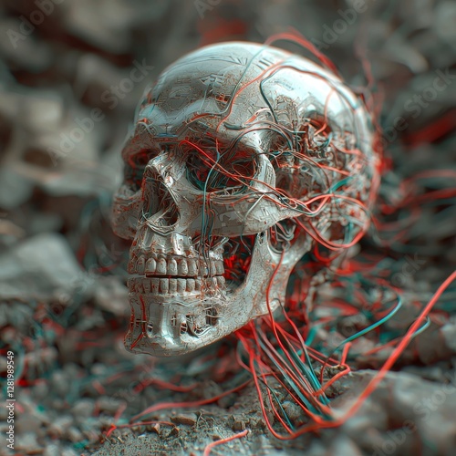 A 3D illustration of a science fiction robotic skull awakens as the oracle, hardwired into the central computer system photo