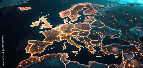 Aerial view of Europe continent at night with city lights. Interconnected glowing network covers European countries. Future technology, global communications. Modern European map with illuminated