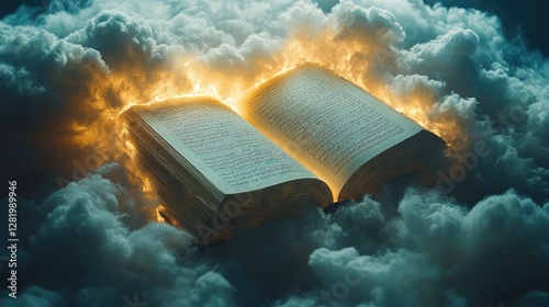 Open Quran resting on fluffy clouds, glowing with divine light and golden details. Concept faith, spirituality, wisdom, enlightenment, divine knowledge, sacred scripture, and heavenly inspiration.