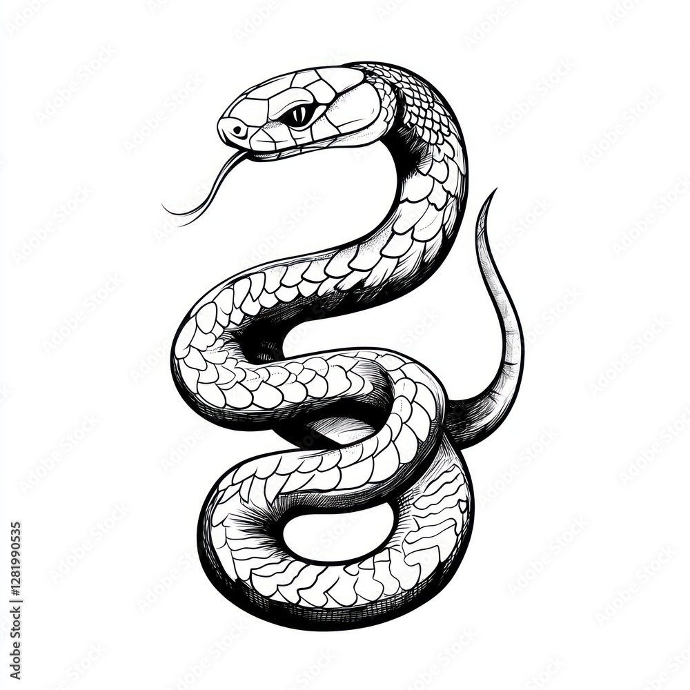 Fototapeta premium A detailed black and white drawing of a coiled snake