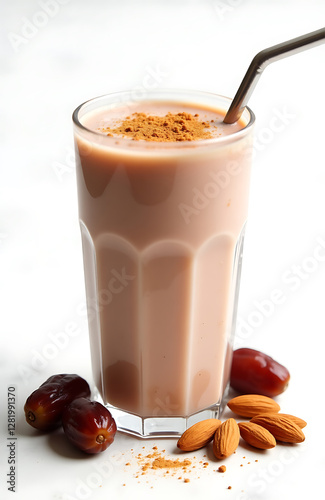 A delicious and nutritious glass of date and almond milk topped with cinnamon powder, placed on a white background