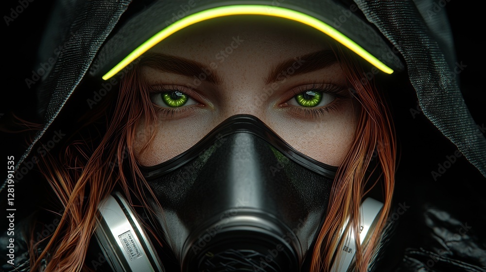 Concept art depicting a cyberpunk girl with short red hair, wearing a futuristic gas mask and protective green glasses with filters, in a nighttime setting with polluted air Concept art depicting a cyberpunk girl with short red hair, wearing a futuristic gas mask and protective green glasses with filters, in a nighttime setting with polluted air