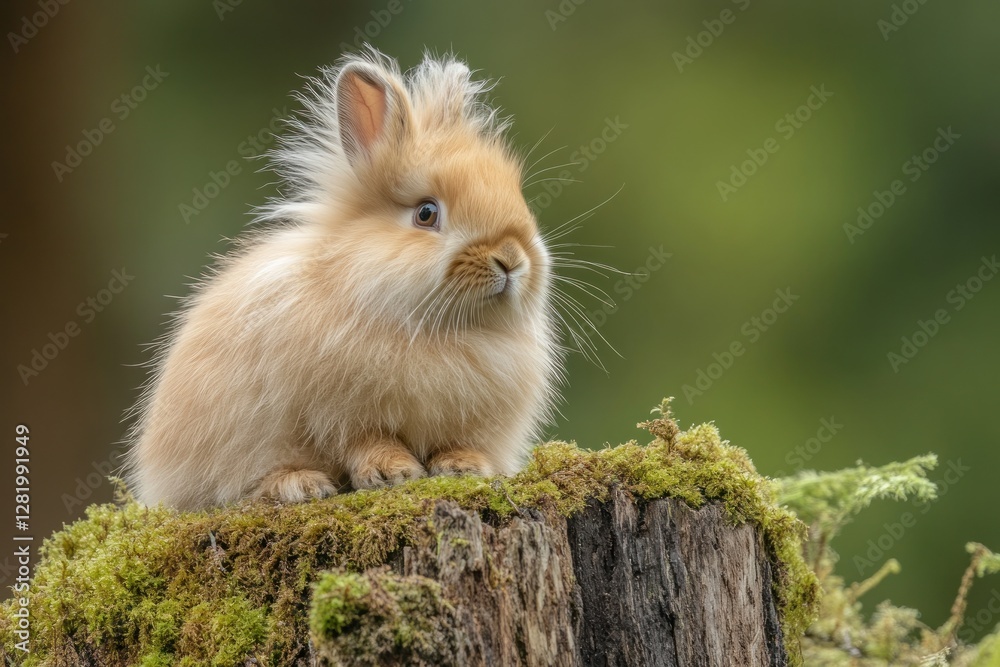Fluffy Bunny Rabbit Sitting on Mossy Stump Fluffy Bunny Rabbit Sitting on Mossy Stump