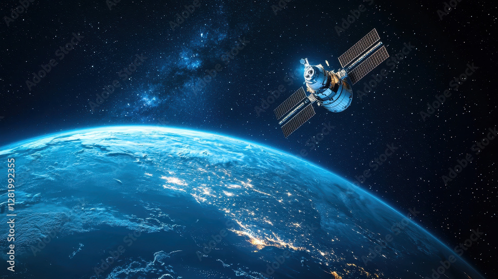 Satellite Orbiting Earth in Cosmic Space with Stars in Background