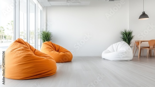 This image features three vibrant bean bag chairs arranged in a spacious room, complemented by indoor plants and large windows allowing natural light to illuminate the space.