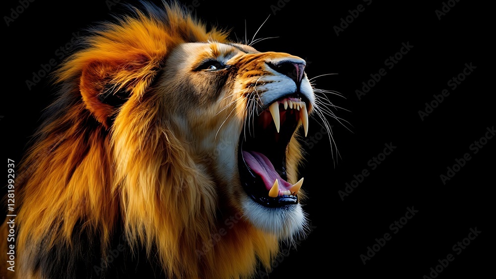 Fototapeta premium A lion roars, showcasing its sharp teeth and expressive face against a dark background.