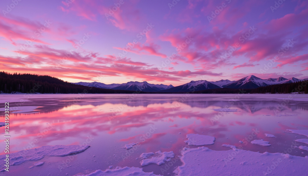 Fototapeta premium Violet sunrise reflecting on frozen lake in mountains, natural beauty