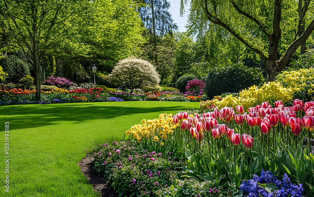 Fototapeta premium Well-Kept Spring Garden: A lush landscape of blooming tulips, daffodils, and hyacinths, with a perfectly manicured green lawn