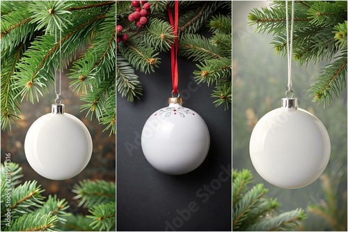 Three white ornaments hanging from a tree. The first ornament is a large white ball with a red ribbon