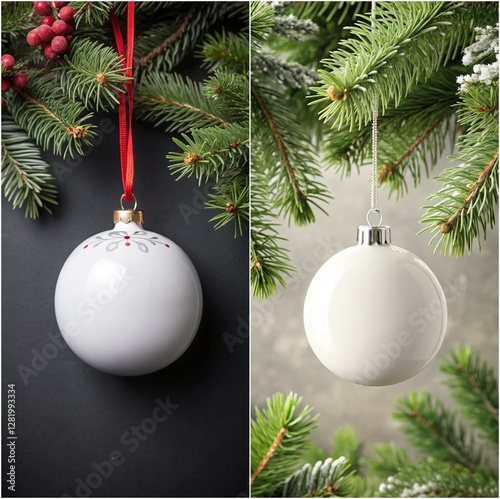 Two white and red ornaments hanging from a tree. The white ornament is a snowflake and the red ornament is a red ribbon