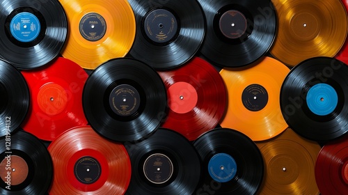 A wall of colorful vinyl records, a flat lay background with copy space photo