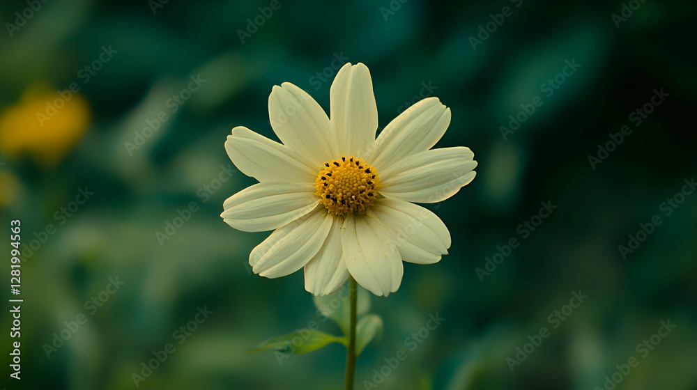 A close-up of a single cosmos bloom, with its delicate petals and soft yellow center in focus A close-up of a single cosmos bloom, with its delicate petals and soft yellow center in focus