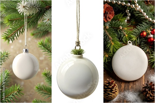 Three white ornaments hanging from a tree. The first ornament is a large white ball with a green leaf on top