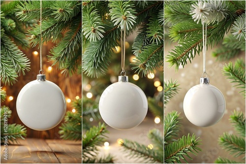 Three white Christmas ornaments hanging from a tree. The tree is full of green leaves and the ornaments are hanging from the branches