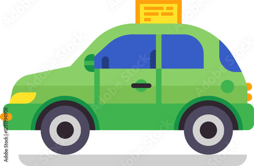 Green taxi cab waiting for passengers with illuminated sign on roof, side view, transportation service concept, flat cartoon style illustration