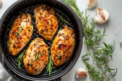 Roasted chicken breasts in an air fryer. Healthy food. Top view.