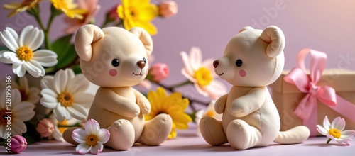 Adorable Teddy Bears, Gift Box, and Fresh Spring Floral Arrangement