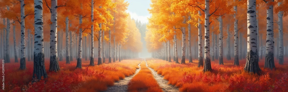 Fototapeta premium National park autumn panorama. Tall birch trees with bright golden foliage line pathway. Fall leaves cover ground. Scenic vibrant natural beauty, peaceful woodland forest landscape.