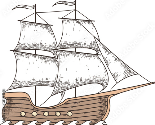 Hand drawn illustration of a vintage sailing ship with sails inflated by the wind, navigating the ocean waves, showcasing the vessel s classic design and maritime adventure