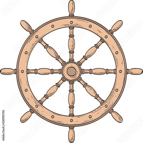 Hand drawn vector illustration of a classic wooden ship s wheel, symbolizing maritime navigation, control, and adventure on the open waters
