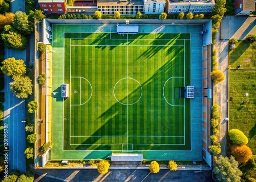 Empty, pristine football field, aerial view.