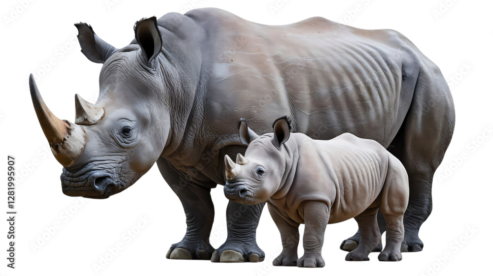 Fototapeta premium Rhino mother and baby rhinoceros isolated on transparent background