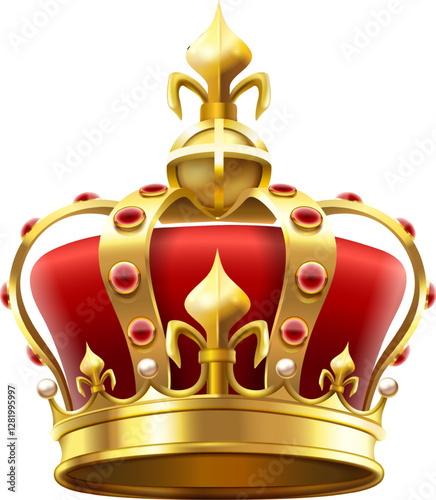 Realistic golden royal crown with red velvet, gemstones and pearls, symbolizing monarchy, power and authority, isolated on white background