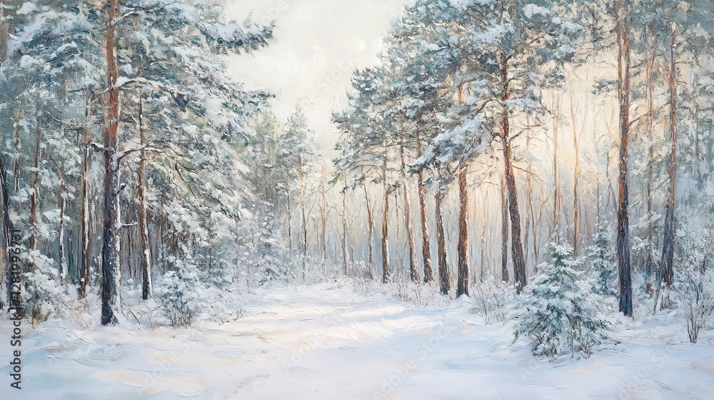 Naklejka premium winter forest covered in snow, tall pine trees, soft light filtering through branches, crisp air, serene atmosphere, peaceful winter day