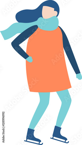 Happy young woman ice skating during winter, dressed in stylish winter clothes, scarf, and gloves, enjoying leisure time at the ice rink with a joyful smile and graceful movements
