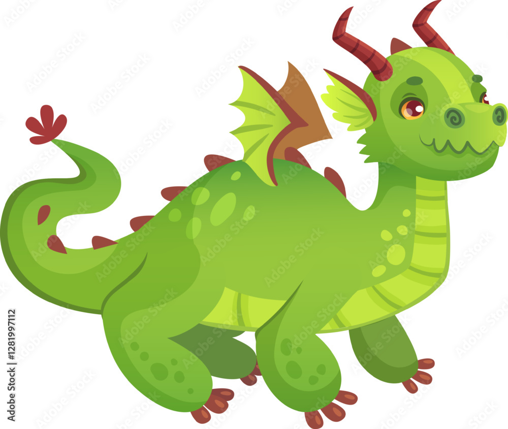 Cute green dragon walking and smiling, showing its friendly nature, ideal for children s books, fantasy stories, games, and any project that needs a touch of magic and wonder Cute green dragon walking and smiling, showing its friendly nature, ideal for children s books, fantasy stories, games, and any project that needs a touch of magic and wonder