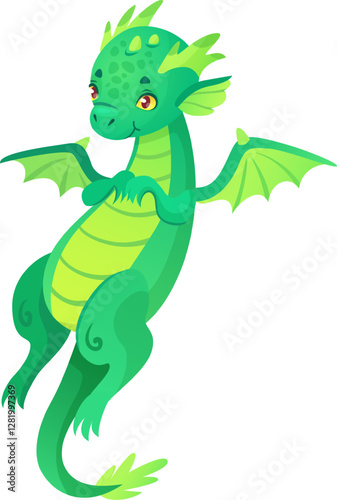 Green dragon soaring through the air, displaying its light green belly, vibrant wings, and tail tip, while playfully showing its paws against a clean white background