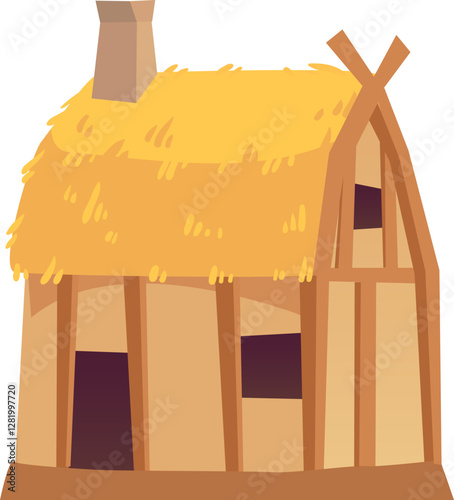 Small medieval house with thatched roof, chimney, wooden structure and small windows, representing the simple living in the countryside during the Middle Ages