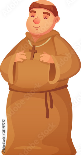 Cartoon monk wearing a brown tunic and cross necklace, praying with closed eyes and a serene smile, radiates faith and devotion, embodying spirituality and peace
