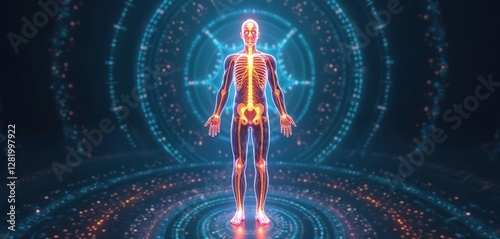 Human body meridian lines connecting energy flow, acupuncture points. Alternative medicine, wellness, health, balance, acupressure, healing, vitality, harmony, holistic therapy, meditation, spiritual