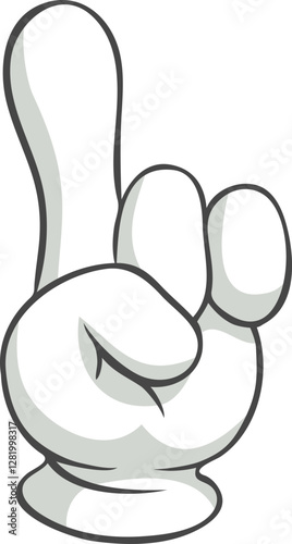 Cartoon hand wearing a white glove is making a gesture with the index finger pointing upwards, symbolizing attention, direction, or giving instructions