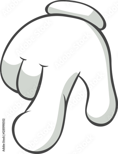 Cartoon hand featuring a white glove, pointing down with the index finger, creating a clicking or pressing gesture against a clean, white background, emphasizing direction and communication