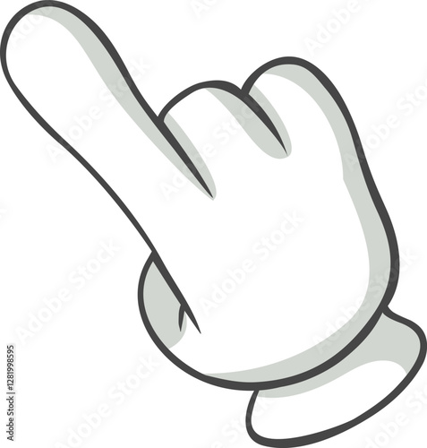 Cartoon hand featuring a white glove, pointing with an index finger to the left side, set against a clean white background, effectively conveying direction and communication