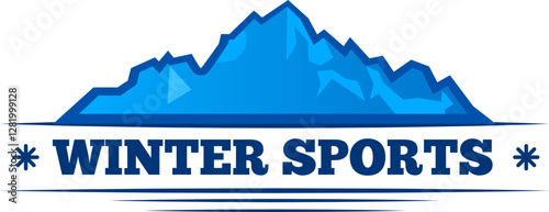 Stylized blue mountain range capturing the essence of winter sports, featuring text and snowflakes, perfect for businesses focused on winter activities and outdoor adventures