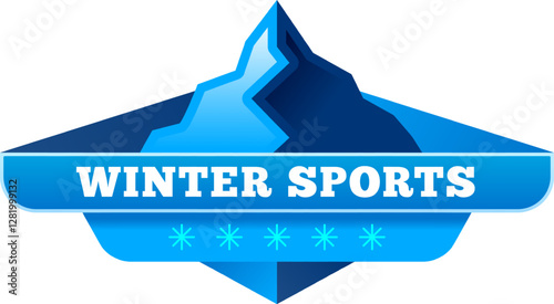 Stylized blue and white logo represents winter sports with snowy mountain peak rising above a horizontal banner with text and decorative snowflakes