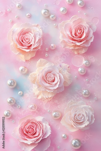 Soft pastel marzipan roses with pearl-like sugar decorations arranged on a dreamy pink and blue background with a delicate dusting of sugar