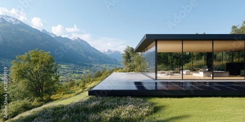 modern sustainable architecture, a modern house with see-through solar panels incorporated into the windows, set against a blurred mountain backdrop