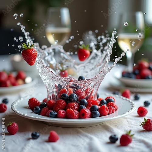 Dynamic Water Splash with Fresh Berries and Strawberries on a Plate