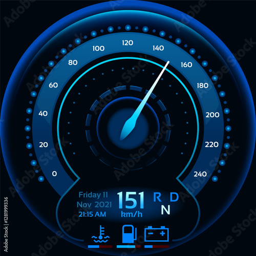 Futuristic speedometer showing 151 kilometers per hour on a car dashboard with date, time, coolant temperature, fuel level and battery charge indicator